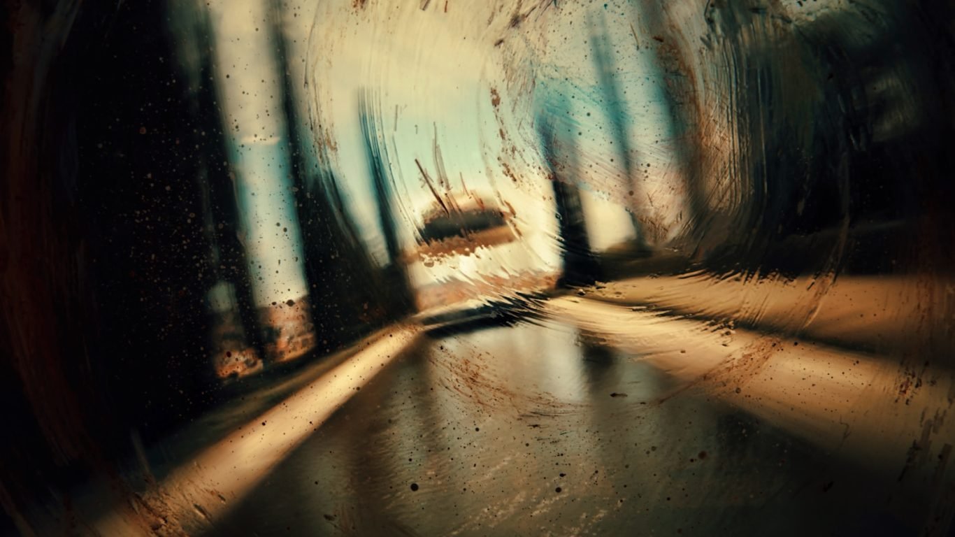 a blurry photo of a street with trees in the background